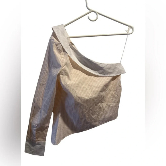 Express one shoulder poplin pink white stripe shirt - Picture 2 of 6